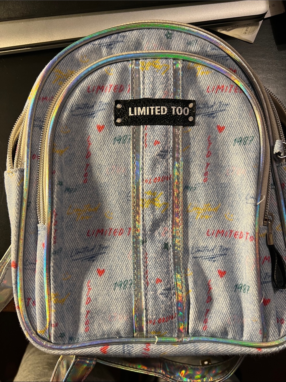 Limited Too Light Blue Denim Mini Backpack with Holographic Trim